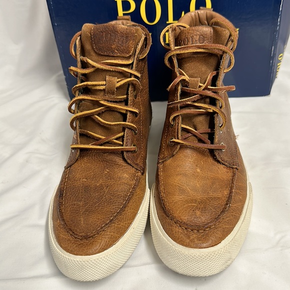 Polo Ralph Lauren Men’s TEDD High Top Leather Sneaker Brown Size 9.5 - Picture 2 of 7